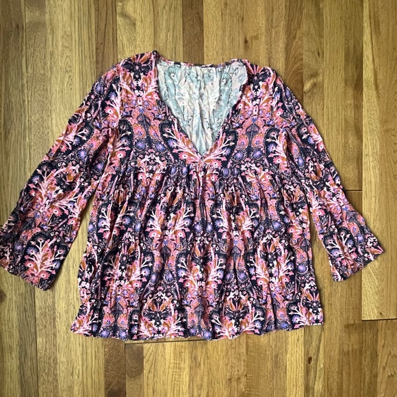 Free‎ People Floral Top Tunic Blouse Women’s Sz S Boho Artsy Festival 70’s - Picture 1 of 7